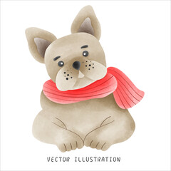 Watercolor Style French Bulldog Wearing Christmas Hat - Festive Hand-Drawn Illustration