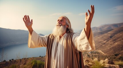 Old prophet with beard prays smiling with widely spread arms raised to sky standing on hill by lake