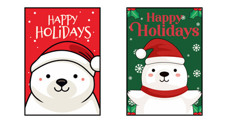 Polar Bear Christmas Card Set: Vector Cartoon Character Featured on Merry Christmas Greeting Cards and Posters