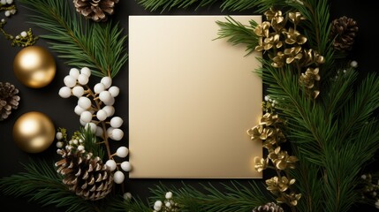 Christmas empty piece with white card, green fir and golden baubles