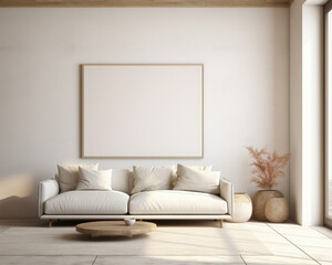 Modern Living Room Interior with Wooden Furniture and Blank Canvas on the Wall