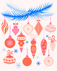 Vector set of Christmas toys. Vintage Christmas tree balls, retro in pink colour with blue spruce branch. Glass balls of the Soviet Union.