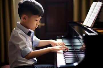 Little Asian boy in shirt earnestly learns to play scales on piano from music notebook on piano