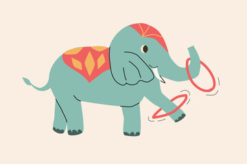 cartoon elephant circus with rings in retro colors