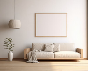 Modern Living Room Interior with Wooden Furniture and Blank Canvas on the Wall