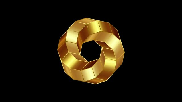 animation of 3D torus, spiral rhomboid Shape in gold color, luxury design, geometric wireframe. Business abstract icon. Corporate, media, technology, hexagon loop on black background 