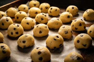 Chocolate chip cookie dough. Balls of vanilla shortbread dough with chocolate chips. Cooking, cookie recipe, quick baking. 