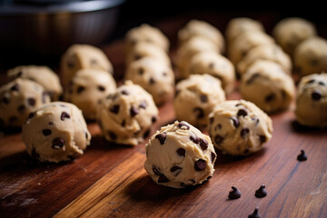 Chocolate chip cookie dough. Balls of vanilla shortbread dough with chocolate chips. Cooking, cookie recipe, quick baking.  - Powered by Adobe