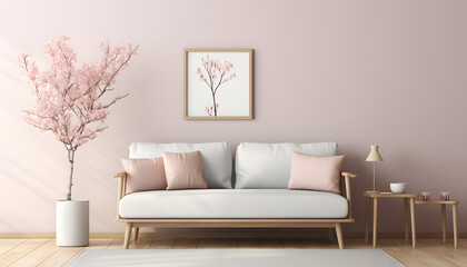 Fototapeta na wymiar Scandinavian style interior with sofa and coffe table. Empty minimalist interior with pink pastel colors 