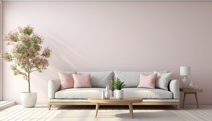 Scandinavian style interior with sofa and coffe table. Empty minimalist interior with pink pastel 
colors 