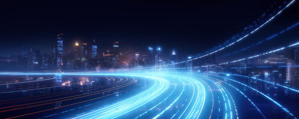 Abstract road with blue light trails , data transfer speed and digitization concept - obrazy, fototapety, plakaty