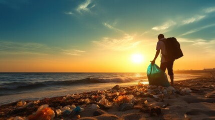 Save water. Volunteer pick up trash garbage at the beach and plastic bottles are difficult decompose prevent harm aquatic life. Earth, Environment, Greening planet, reduce global warming, Save world - obrazy, fototapety, plakaty