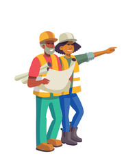 Building Construction worker, a man holding a plan and a woman, talking about the dockyard. Vector and colorfull illustration. Separated items on a white background