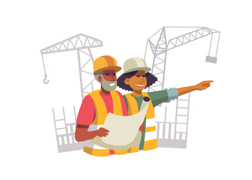 Building Construction worker, a man holding a plan and a woman, talking about the dockyard. Vector and colorfull illustration. Construction background.