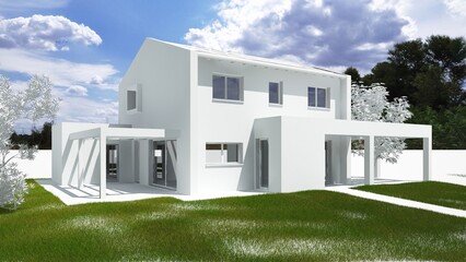 Modellazione 3D  di un edificio residenziale tutto bianco con erba e cielo colorato - obrazy, fototapety, plakaty