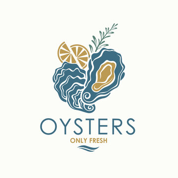 label of fresh oyster shell and lemon isolated on light background