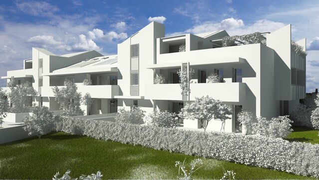 Modellazione 3D  di un edificio residenziale tutto bianco con erba e cielo colorato
