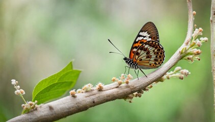 Beautiful butterfly on wood twig with blurred background.