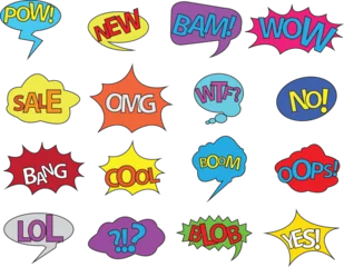 Foto op Plexiglas Comic speech bubble set with text Wow, Bang, Omg, Gtfo, Boom, Yeah, Pow, Zap, Wtf. Vector cartoon explosions with different emotions isolated on a white background © shehan