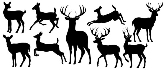 Collection of deer silhouettes on white background, vector illustration