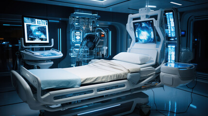 Obraz premium Concept of a Futuristic hospital bed with artificial intelligence that shows all the patient's readings on holographic screens