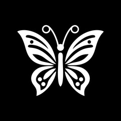 Ornamental butterfly silhouette icon. Outline drawing of butterfly isolated on black background. Vector illustration
