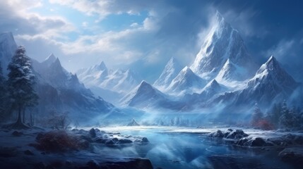 Fototapeta premium Winter landscape with stunning views that hides its secret secrets and stories game art