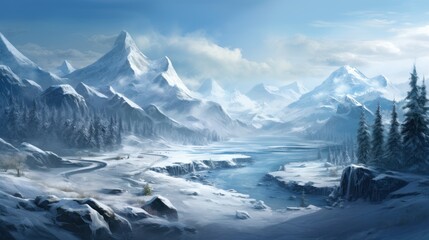 Fototapeta premium Winter landscape with stunning views that hides its secret secrets and stories game art