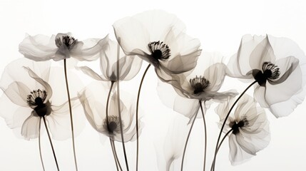 an x-ray art image of transparent poppies or anemones on white background. Beautiful blooming flowers. Illustration for cover, card, postcard, interior design, packaging, invitations or print