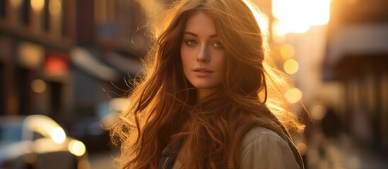 In the bustling city streets of autumn a hipster girl with flowing hair captures the beauty of the sun kissed sunset in her fashion forward portrait reflecting her distinctive sense of style