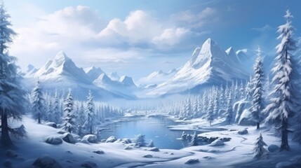 Fototapeta na wymiar Winter landscape with stunning views that hides its secret secrets and stories game art
