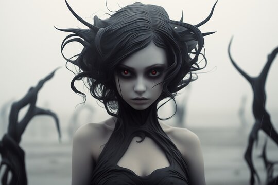 Dark elf witch with jet black hair in a foggy cursed swamp watching and staring intently with piercing evil red eyes, pretty but deadly beautiful, last encounter, mythical fantasy creature portrait. 