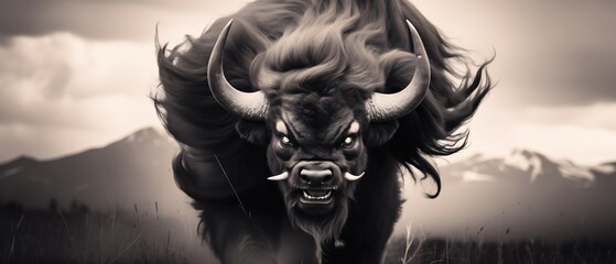 Bison beast roaming the prairie fields, shrouded in dusty fog, dangerous animal creature, mythical, huge and menacing horns, angry ready to charge and attack - black and white color.