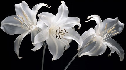 an x-ray art image of transparent lilies on black background. Beautiful blooming flowers. Illustration for cover, card, postcard, interior design, packaging, invitations or print