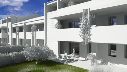 Modellazione 3D  di un edificio residenziale tutto bianco con erba e cielo colorato