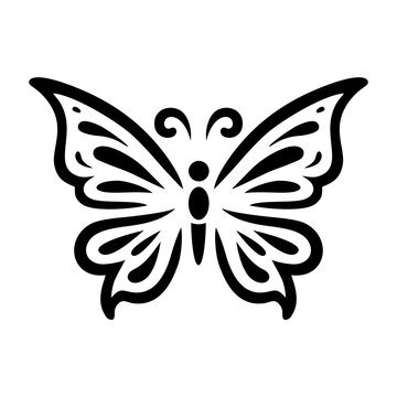 Ornamental butterfly silhouette icon. Outline drawing of butterfly isolated on white background. Vector illustration