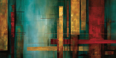 Abstract building background with teal, blue, blown, gold and orange paint on old wall