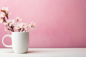 Blank white empty mug mockup with pink flowers, Generative Ai - obrazy, fototapety, plakaty