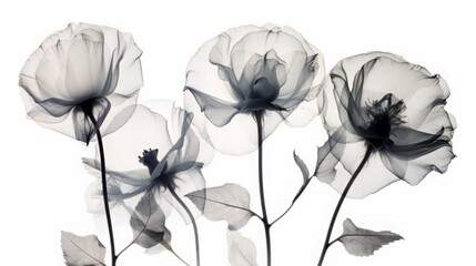 an x-ray art image of transparent roses on white background. Beautiful blooming flowers. Illustration for cover, card, postcard, interior design, packaging, invitations or print