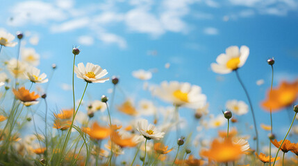 Fototapeta premium Vibrant Flower Field Under a Clear Blue Sky, Captured with a Macro Lens to Emphasize the Intricate Petals, Enhanced with Warm and Soft Tones for a Delicate and Dreamy Vibe