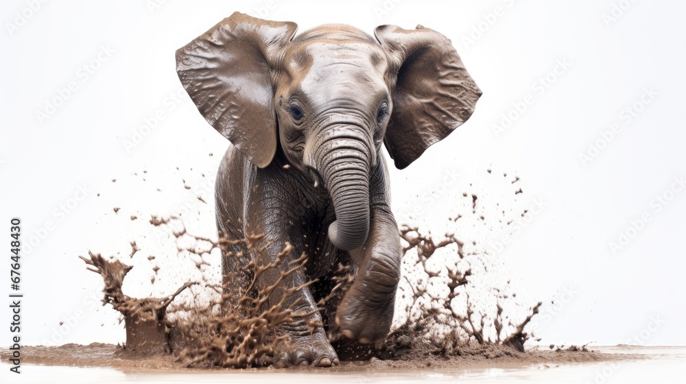 Poster an elephant is standing in the mud and splashing it's trunk with it's trunk in the air. generative a
