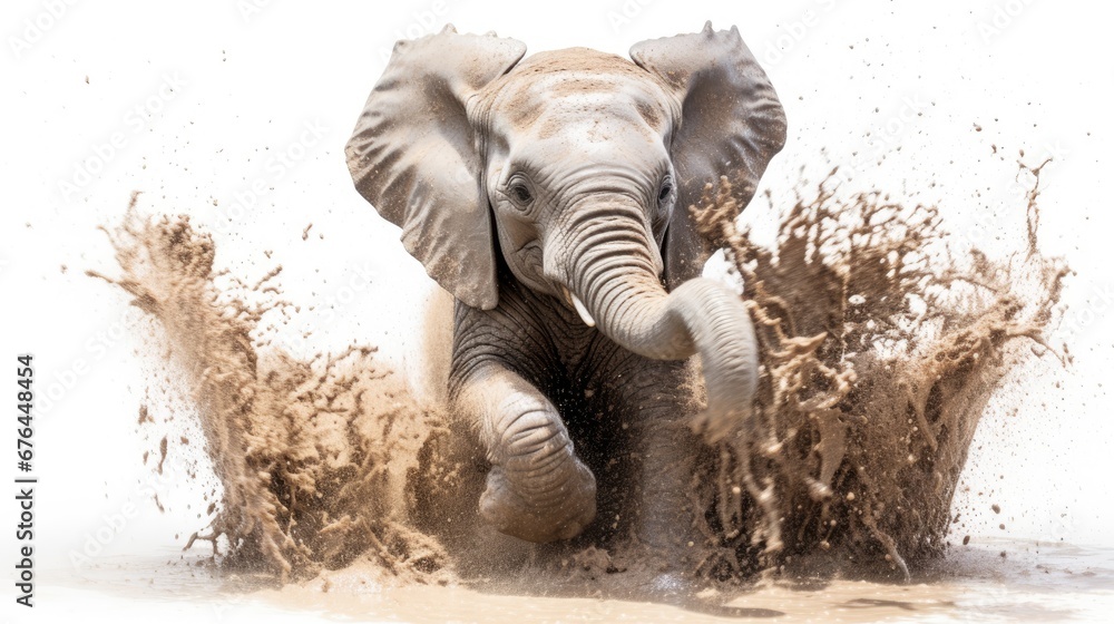 Poster an elephant is playing in the mud with it's trunk in the air and it's trunk in the air. generative a
