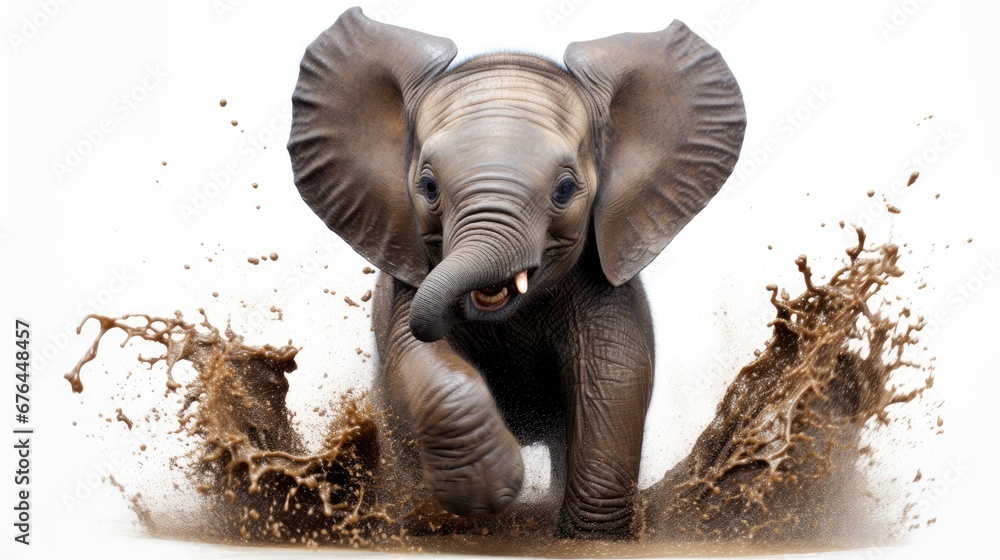 Poster a baby elephant playing in the mud with it's trunk in the air and it's trunk in the air. generative 