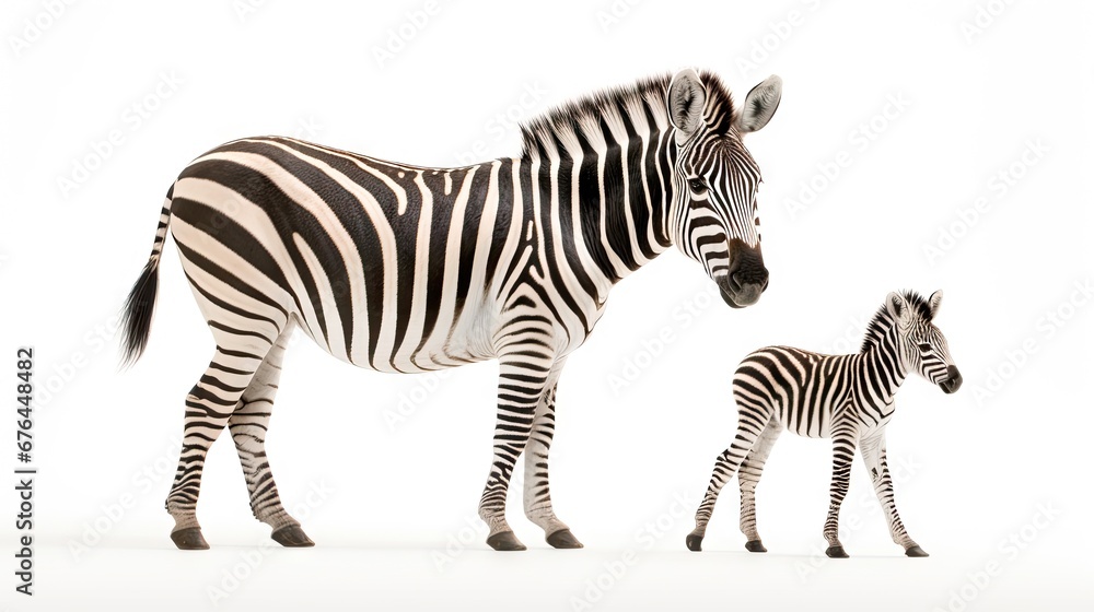 Poster a zebra standing next to a baby zebra in front of a white background with a baby zebra in the foregr