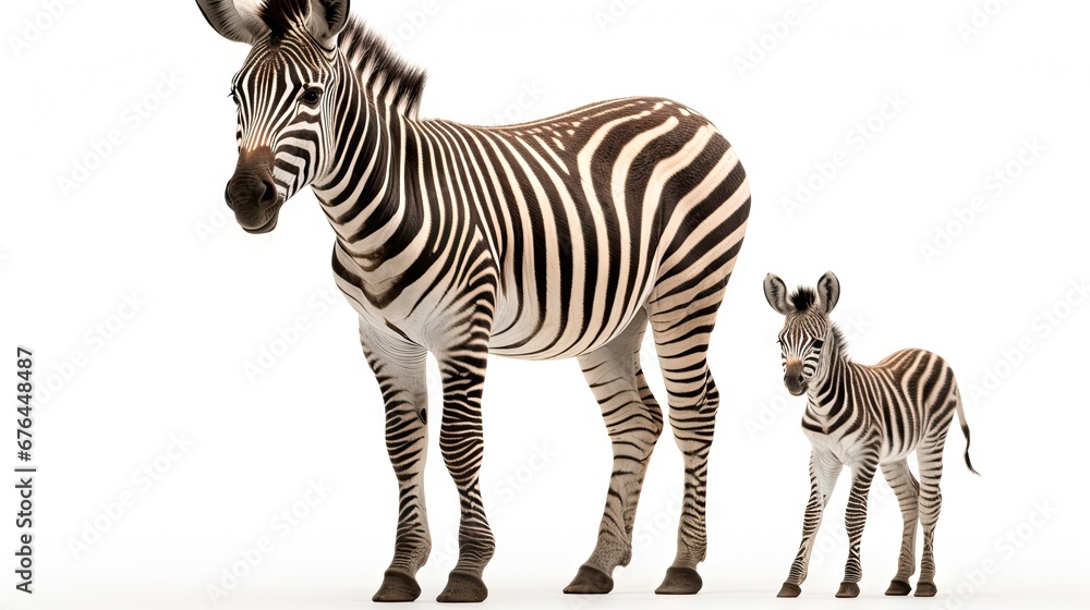 Poster a couple of zebras standing next to each other on a white background in front of a white background 