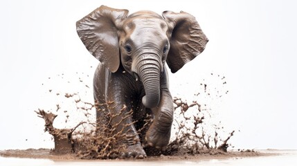  an elephant is standing in the mud and splashing it's trunk with it's trunk in the air.  generative ai