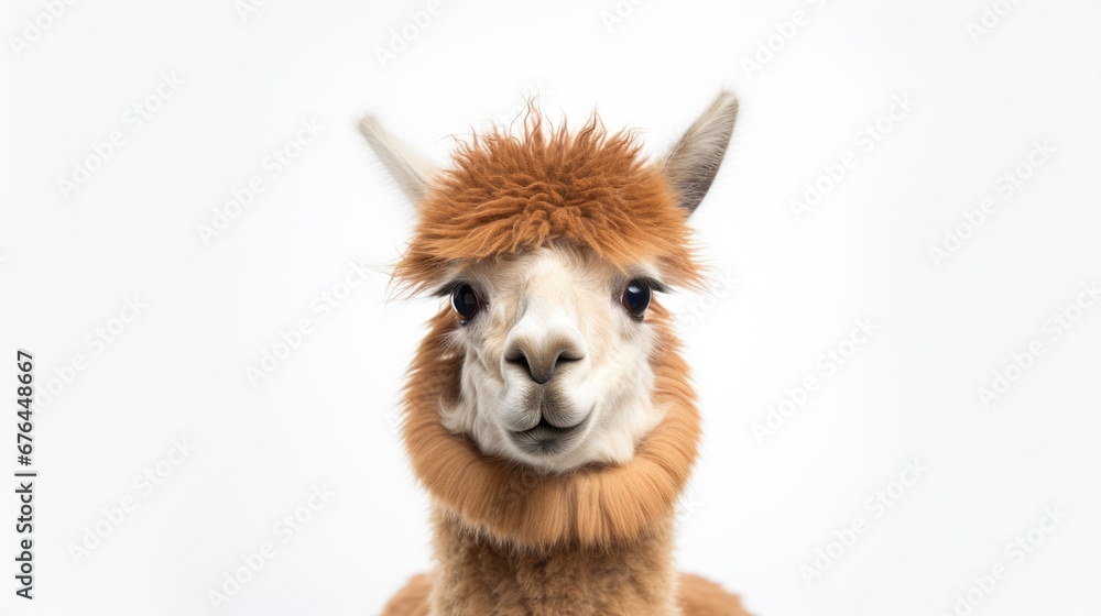 Poster a close up of a llama's face with a fuzzy hairdow on it's head. generative ai