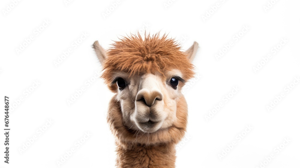 Poster a close up of a llama's face with a funny look on it's face and a white background. generative ai