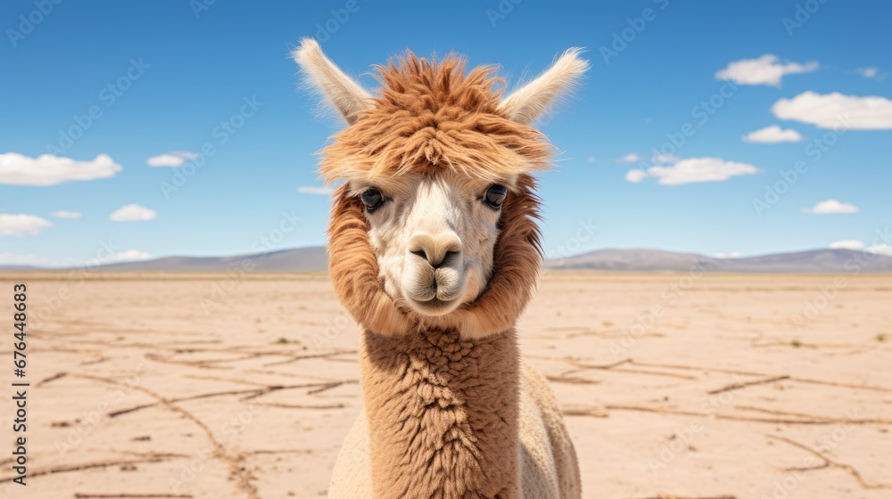 Poster a close up of a llama in a desert with a blue sky and clouds in the background and a few clouds in t
