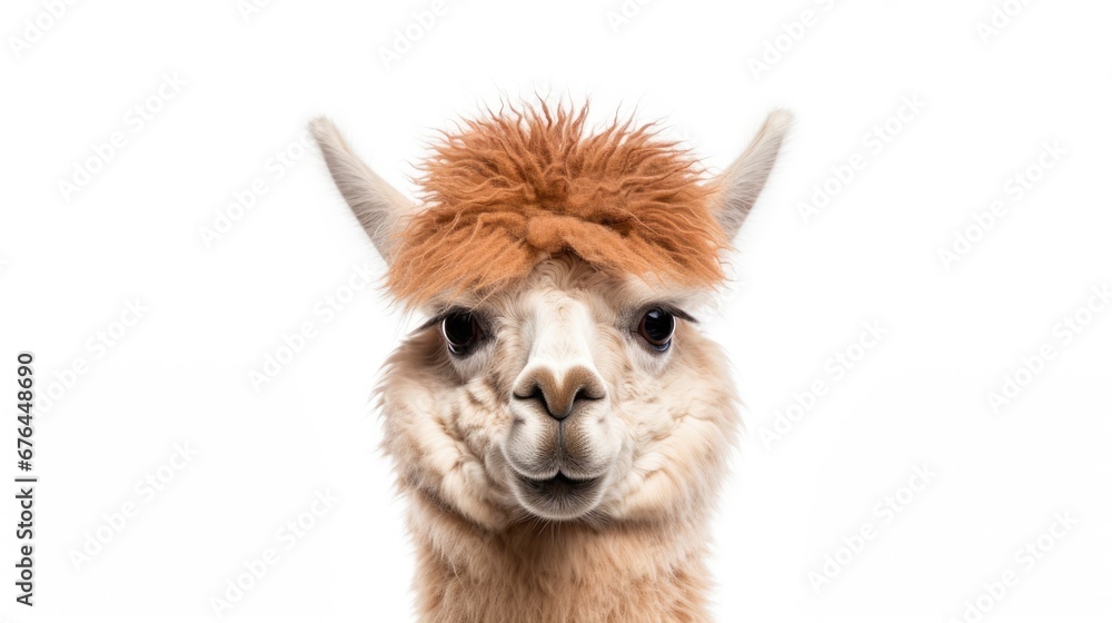 Poster a close up of a llama's face with a red mohawk on top of it's head. generative ai
